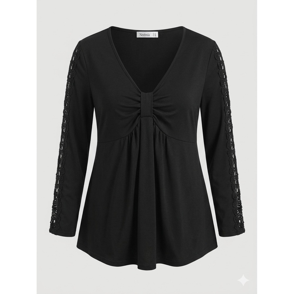 Nextmia Black V-Neck Bow Front Crochet Lace Long‎ Sleeve Tunic Top Plus Size 16